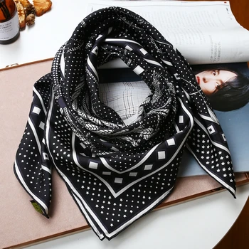 De Seda Envuelve la Bufanda Chal Negro Clásico de Impresión de las Mujeres de la Moda Hijab Pañuelos en la Cabeza 88*88 cm