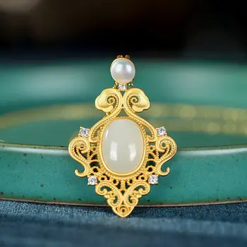De plata con incrustaciones naturales de hetian visita a jade blanco colgante de perlas collar Chino de estilo retro único arena de oro artesanal encanto de las mujeres de la joyería