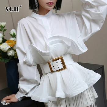 VGH Elegante Mosaico de Volante Fruncido de la Camisa Para Mujer de Cuello de Pie de la Linterna de Manga Larga de Fajas Casual Blusa de Mujer de la Moda de Nueva