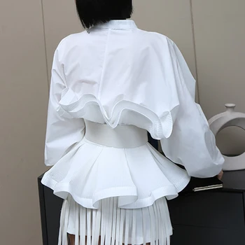 VGH Elegante Mosaico de Volante Fruncido de la Camisa Para Mujer de Cuello de Pie de la Linterna de Manga Larga de Fajas Casual Blusa de Mujer de la Moda de Nueva
