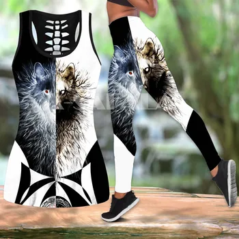 Lobo gris Vikingos Tatuajes de Animales de Arte de Dos piezas de Yoga de la Mujer a la Impresión 3D de ahuecar la parte Superior del Tanque de Cintura Alta Legging de Verano Casual Sport