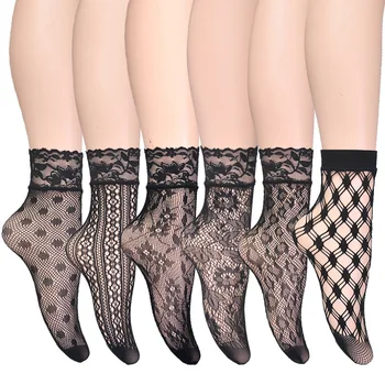 Calcetines de las mujeres Delgadas Negro a Cuadros Sexy Floral de Malla Elástica Calcetines Fresco y Cómodo Estampado Sox Medias para Señoras de la Mujer