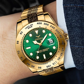 2021 Hombres Relojes de Lujo de Oro de la Correa de Deporte Impermeable Reloj de Pulsera de Cuarzo Para Hombre de la Moda Bisel Reloj Fecha la cara Verde whatches etiqueta