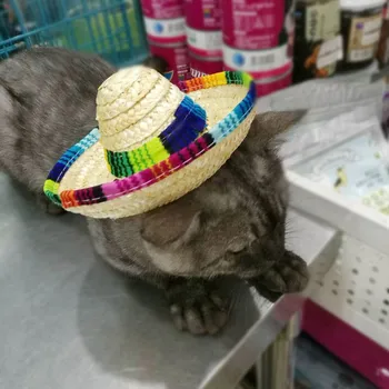 Multicolor Perro Gato Mexicano Sombrero De Paja Sombrero De Mascotas Hebilla Ajustable De Disfraces