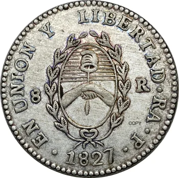 Argentina 1827 Moneda Río de la Plata, AR 8 reales Cupronickel de Plata bañada Copia de la Moneda