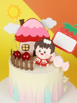 Lindo cereza bebé Decoración de dibujos animados sunhouse Feliz Cumpleaños a los Niños Topper de la Torta para la Fiesta de cumpleaños Suministros para Hornear Regalos Adorables