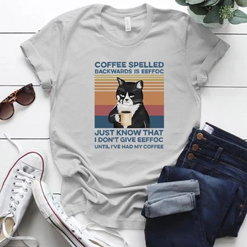 Seeyoushy Café Escrito Al Revés Eeffoc Divertido Gato De Impresión Gráfica Camisetas De Las Mujeres De Manga Corta De Verano De La Camiseta De La Estética De La Ropa
