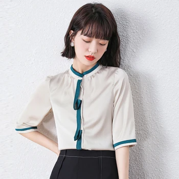Verano Coreano De La Moda De Seda De La Mujer Camisas De Satén De La Oficina De Señora De Manga Corta Abotonada Camisa Negro De Las Señoras Tops Blusa