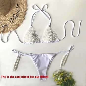 Hirigin 2020 Nuevo Pearl Thong Bikini Conjunto De Las Mujeres Trajes De Baño Sexy Vendaje Push Up Collar De Biquini Traje De Baño Traje De Baño De Verano