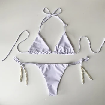 Hirigin 2020 Nuevo Pearl Thong Bikini Conjunto De Las Mujeres Trajes De Baño Sexy Vendaje Push Up Collar De Biquini Traje De Baño Traje De Baño De Verano