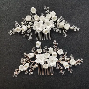 SLBRIDAL hechos a Mano de Cristal de diamante de imitación de Perlas Simuladas de Cerámica de Flores de Novia de la Boda de Peine Pelo pinzas para el Pelo, las Pegatinas de las Mujeres de la Joyería