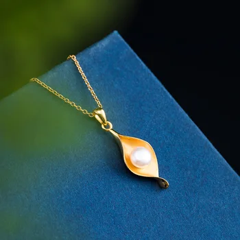 18k de Oro Perlas de agua Dulce de la Hoja de Rocío Colgante de Collar De Mujer 925 Plata de ley Estilo Chino Femenina de la Vendimia de la Joyería de 2021 Nuevo