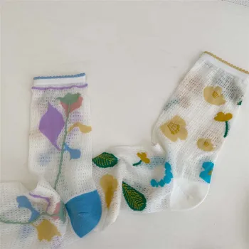 Japonés Encaje de Flores de Impresión de Calcetines de Malla Transpirable Medio Calcetines de Tubo de INS Marea de Algodón Princesa de las Mujeres Calcetín sox