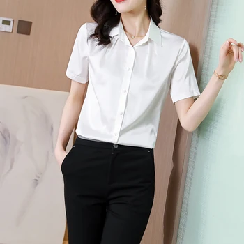 Verano Coreano De La Moda De Gasa De La Mujer Camisas De Satén De La Oficina De Señora De Manga Corta Abotonada Camisa Negro Verde De Las Señoras Tops Blusa