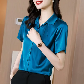 Verano Coreano De La Moda De Gasa De La Mujer Camisas De Satén De La Oficina De Señora De Manga Corta Abotonada Camisa Negro Verde De Las Señoras Tops Blusa