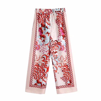 XEASY 2021 Mujeres de la Vendimia de Bohemia Tótem de la Impresión Floral Casual Suelto Camisetas de Mujer Elástico de la Cintura Ancho de Pierna de los Pantalones Retro Pantalones Conjunto