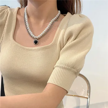 AOMU Verano Retro Black Crystal Imitado Perla Redonda con Cuentas de Collar Amor Irregular Geométricas Reflexivo Colgante para las Mujeres del Partido