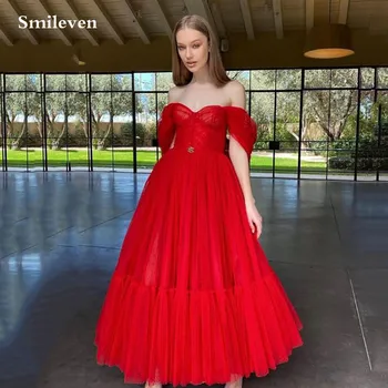 Smileven Sexy Rojo Fuera del Hombro Vestidos de Noche de Longitud de Tobillo Una Línea Elegante Dama Fiesta Formal Vestidos de
