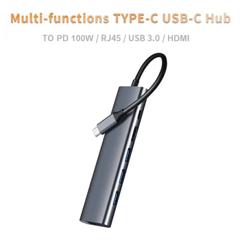 FK-C0603 Accesorios para Notebook USB-C cubo 6 en 1 Tipo C para HDMI compatible con RJ45 con USB 3.0 PD Adaptador Concentrador de la Estación de Acoplamiento