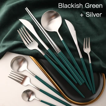 Vajilla set de cubiertos occidentales cena de palillos tenedor cuchara cuchillo conjuntos de vajilla de plata negruzco oro verde dropshipping
