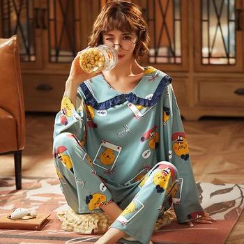 SLPBELY Mujeres Pijama Conjunto de ropa de hogar de Primavera Dulce Collar de la Muñeca de dibujos animados de Manga Larga Pijamas Suelto al aire libre ropa de dormir Ropa de Hogar