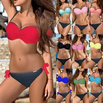 La Mujer Bandeau De Color Rojo Empuje Hacia Arriba Del Traje De Baño Sexy Collar De Europa Bikini Set Femenina Trajes De Baño Verano De Trajes De Baño Traje De Baño Limita Biquini