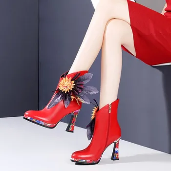 Womens Dedo del pie en Punta de Cuero Genuino Flores 3D Decoración de Tobillo Botas de Bloque de Zapatos de Tacón de Plataforma Impreso Floral 2Colors Nuevo