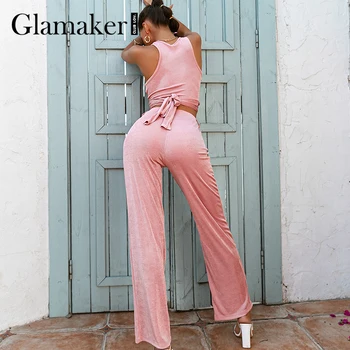 Glamaker Sexy de color rosa 2 pieza de traje de las Mujeres venda de los cultivos top y pantalones de pierna ancha sin Mangas slim verano primavera casual conjuntos de 2021 nuevo