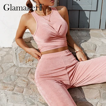 Glamaker Sexy de color rosa 2 pieza de traje de las Mujeres venda de los cultivos top y pantalones de pierna ancha sin Mangas slim verano primavera casual conjuntos de 2021 nuevo