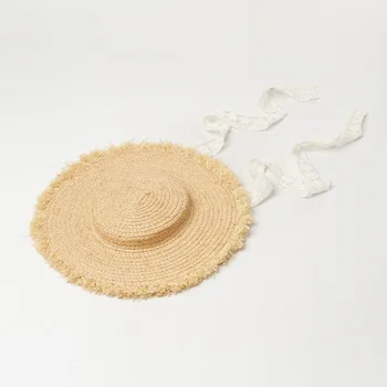 202004-HH6028 de malla hecha a mano de rafia hierba de encaje de la cinta Británica de diseño de los niños de vacaciones de sol gorra de los niños de la muchacha de ocio sombrero
