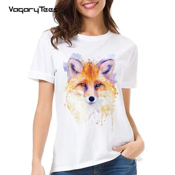 Vintage Miss Fox Imprimir las Mujeres T Camisa de Hip Hop Harajuku Acuarela de animales Camiseta de manga Corta Casual Tops Ropa de Mujer Camiseta