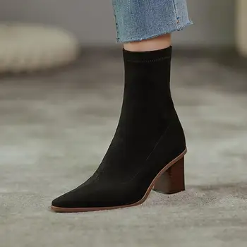 Las mujeres, Botas de la venta caliente de moda casual de cabeza Cuadrada de espesor con elástico Señora coreana de 7cm de zapatos de tacón alto de las Mujeres Botas botas Chelsea