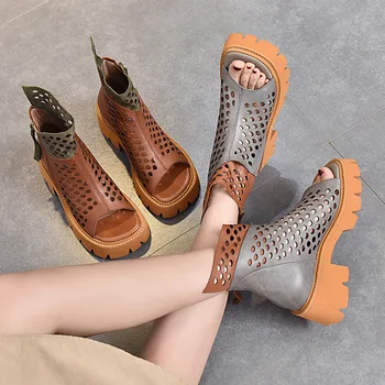 Johnature Zapatos De Mujer Sandalias De Cuero Genuino De Verano 2021 Nuevos Colores Mezclados Retro Zip Hueco De La Mano De Ocio Sandalias De Plataforma