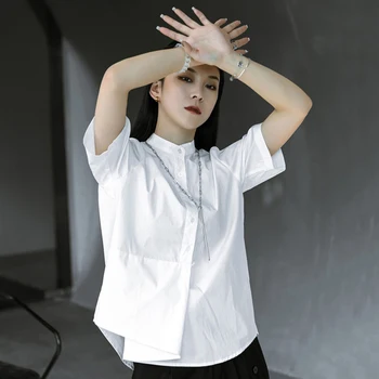 [EAM] las Mujeres Blancas Irregulares Casual Blusa de Nuevo de Pie de Cuello de Manga Corta Floja Camiseta de Marea de la Moda de la Primavera Verano 2021 1DD9655