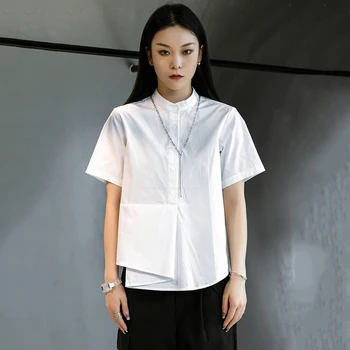 [EAM] las Mujeres Blancas Irregulares Casual Blusa de Nuevo de Pie de Cuello de Manga Corta Floja Camiseta de Marea de la Moda de la Primavera Verano 2021 1DD9655
