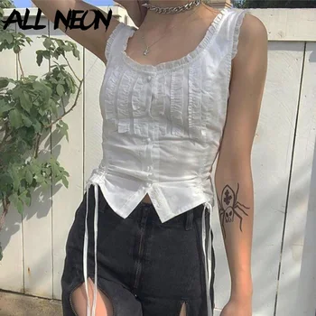 ALLNeon Kawaii Vintage Y2K Volantes Recorte de Blanco Crop Tops Lindos E-girl de la Moda de los Botones de Cordón sin mangas sin Mangas Cuello Cuadrado