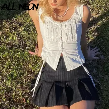 ALLNeon Kawaii Vintage Y2K Volantes Recorte de Blanco Crop Tops Lindos E-girl de la Moda de los Botones de Cordón sin mangas sin Mangas Cuello Cuadrado