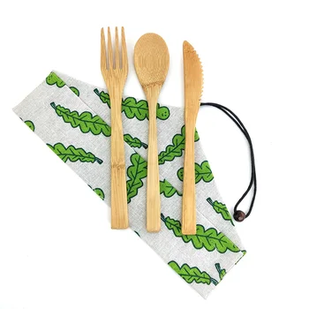 Caliente 3pcs Portátil de Bambú Conjunto de Cubiertos Ecológico Cubierto Conjunto de Madera de la Cena Cuchillo Tenedor Cuchara Vajilla Set Biodegradables