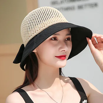 Verano plegable sombrero de sol de la cuenca del sombrero bowknot hueco de costura pescador sombrero al aire libre de la playa de hat sombrero para el sol