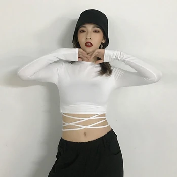 2021 la Primavera Y el Otoño Corto de Cintura Alta con cordones T-Shirt de la Mujer Ajustado de Manga Larga Blanca de la parte Superior del Cultivo Sexy de la Moda de Danza Jazz Superior