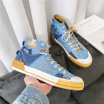 Mezclilla azul Zapatillas de deporte de los Hombres Alpargatas de Alta Superior a los Hombres Vulcanizado Zapatos Casual Diseñador de Zapatillas de Lona de los Hombres de la Moda de zapatos de lona