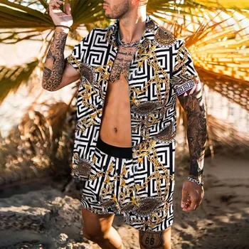 Los hombres del impreso de la playa de traje de manga corta de verano casual de un solo pecho impreso camisa de playa de dos piezas de 2021, los hombres de la moda de la ropa