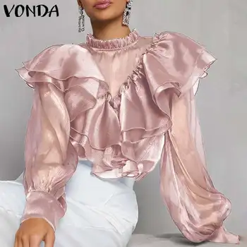Señora de la oficina de la Blusa de las Mujeres Elegantes Tops 2021 VONDA las Mujeres Casual Color Sólido Blusas Femeninas Elegantes Camisas Blusas S-