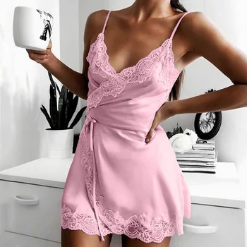 2021 Lencería Sexy Mujer Camisón de Encaje Mini Vestido con Cuello en V Profundo Camisón de la Mujer de la Bata de Dormir ropa de dormir de las Mujeres se visten