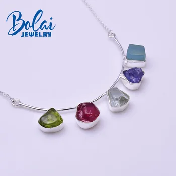 Bolai,Colorido natural de piedras preciosas en bruto collar colgante hecho a mano de joyería únicas de ley 925 de plata sólida de peridoto ruby aqumarine