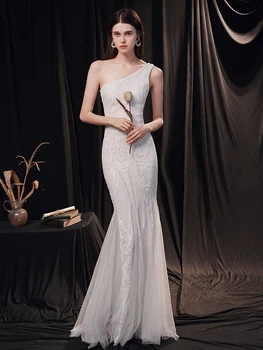 YIDINGZS Elegante de Un Hombro Blanco Largo con Lentejuelas Vestido de Noche 2021 Nuevo de las Mujeres Vestido de Fiesta de la Boda de Desgaste