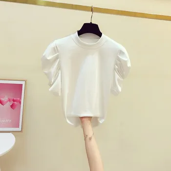 2021 Primavera Nueva camiseta de las Señoras de la Burbuja parte Superior de la Manga Blanca de Cuello Redondo T-camisas de manga Corta Slim Kroean de Moda de color Negro Sólido de Tee