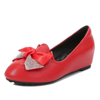Satén arco Albaricoque/Negro/Rojo zapatos de cuero zapatos de plataforma Pequeñas cuñas de zapatos de 3cm,Hermosa corbata de punta Redonda zapatos de las Mujeres