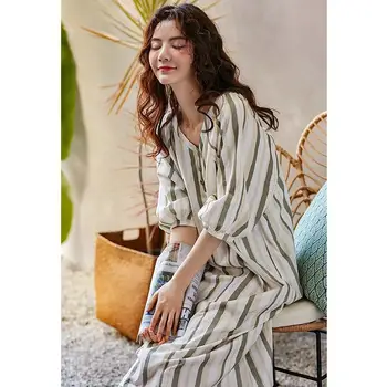 QWEEK de Algodón para Dormir Vestido de las Mujeres de Rayas ropa de dormir de Verano 2021 V-Cuello Camisón Más el Tamaño de ropa de hogar Damas Noctámbulo para Damas