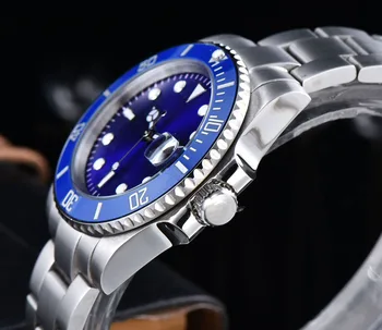 Hombres Reloj de Movimiento Automático de 40 mm, Azul Aséptica de línea de Cerámica Bisel Giratorio de Acero Inoxidable Pulsera de